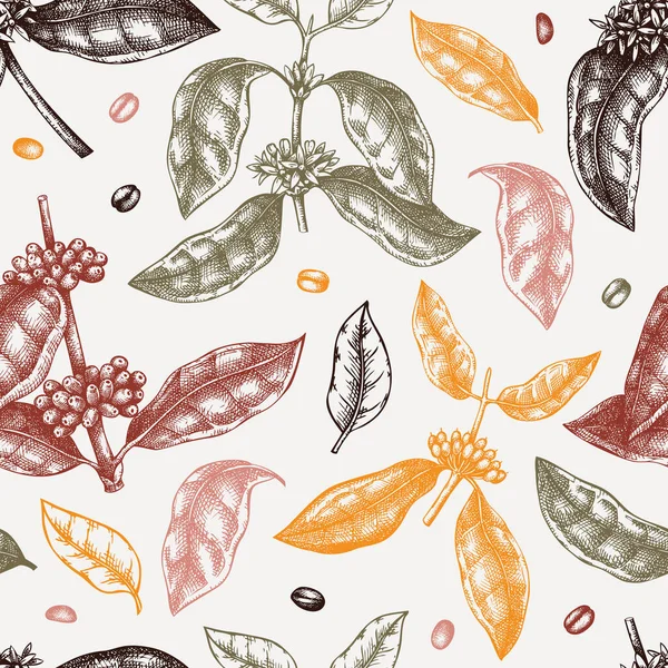 Hand Sketched Coffee Plant Seamless Pattern Vector Background Hand Drawn — Wektor stockowy