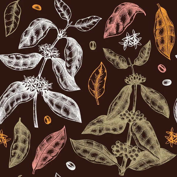 Hand Sketched Coffee Plant Seamless Pattern Vector Background Hand Drawn — Stok Vektör