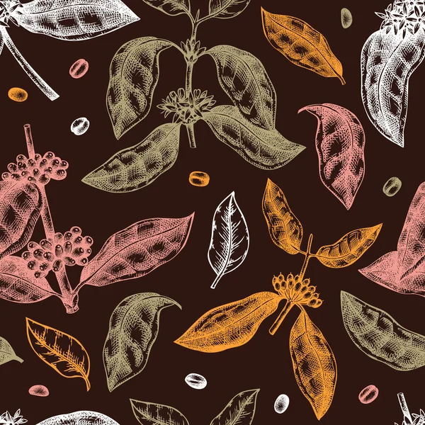 Hand Sketched Coffee Plant Seamless Pattern Vector Background Hand Drawn — Wektor stockowy