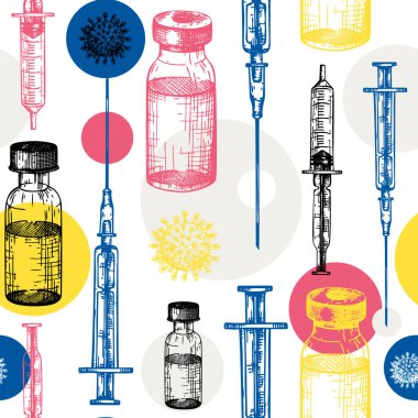 Coronavirus aşısı kusursuz desen. Aşı şişesi ve şırınga enjeksiyon aletleriyle arka plan taslağı. Moda Coronavirus aşısı konsepti. Vektör covid19 bağışıklık arkaplanı