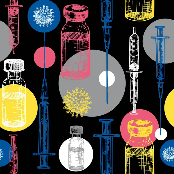 Patrón Inconsútil Vacuna Contra Coronavirus Fondo Vectorial Con Bosquejos Sobre — Archivo Imágenes Vectoriales