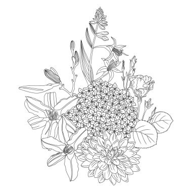 Yaz çiçekleriyle vektör düzenlemesi. Gül, ortanca, yıldız çiçeği ve zinyanın çiçek desenleri. Tebrik kartı ve davetiye için botanik kompozisyonu. Etkinlik veya düğün tasarımı için kullanılabilir. 