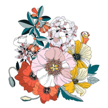 Bahar çiçekleriyle renklendirilmiş vektör düzenlemesi. Çiçek desenli amber, fenik, nar, şakayık, haşhaş. Tebrik kartı ve davetiye için botanik kompozisyonu. Olay ya da düğün tasarımı. 