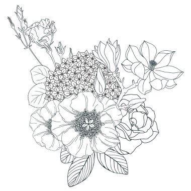 Bahar çiçekleriyle vektör düzenlemesi. Manolya çiçekleri, ortanca, gül, şakayık, haşhaş. Tebrik kartı ve davetiye için botanik kompozisyonu. Olay ya da düğün tasarımı. 