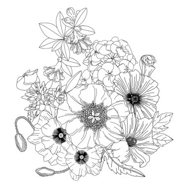 Bahar çiçekleriyle vektör düzenlemesi. Çiçek desenli amber, fenik, nar, şakayık, haşhaş. Tebrik kartı ve davetiye için botanik kompozisyonu. Olay ya da düğün tasarımı. 