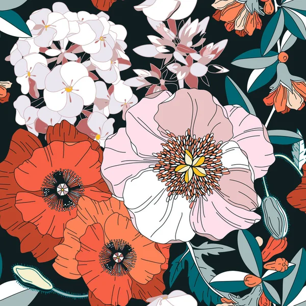 Διάνυσμα Χωρίς Ραφή Μοτίβο Ανοιξιάτικα Λουλούδια Σκούρο Φόντο Βοτανικός Σχεδιασμός — Διανυσματικό Αρχείο