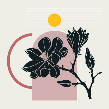 Kolaj tarzı manolya tasarımı. Çiçek ve geometrik elementlerle soyut bir tasvir. Baskı, duvar sanatı, sosyal medya, mobil uygulamalar, afişler, İnternet reklamları için kullanılabilir 