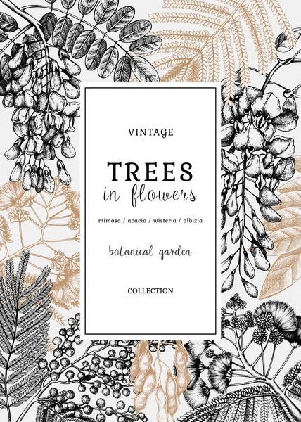 Vektorkort Eller Inbjudan Med Handritade Träd Blommor Vintage Illustrationer Blommande — Stock vektor