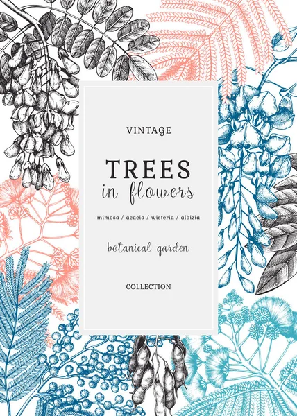 Botanisk Illustration Med Handritade Träd Blommor Vintage Ram Med Blommande — Stock vektor