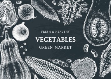 Tahtada mevsimlik sebze çerçevesi tasarımı. Festivalin arka planında hasat yapın. El yapımı otlar, sebzeler, mantarlar. Sağlıklı gıda malzemeleri arka planda