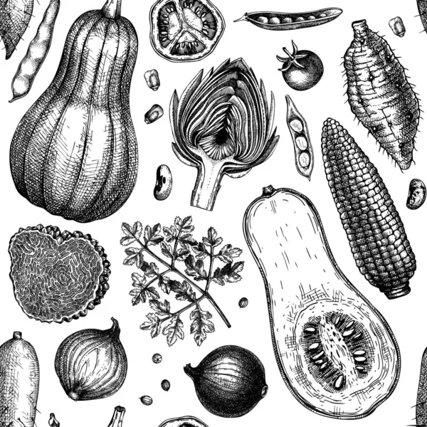 Seasonal vegetables seamless pattern. Harvest festival vector background. Hand sketched herbs, vegetables, mushrooms illustration. Healthy food ingredients backdrop — Stock Illustration Seasonal Vegetables Seamless Pattern Harvest Festival Vector Background Hand Sketched Royalty Free Stock Vectors