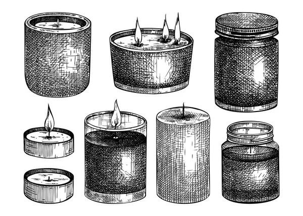 Hand Sketched Aromatic Candles Collection Vector Illustrations Burning Tallow Wax — Stock Vector