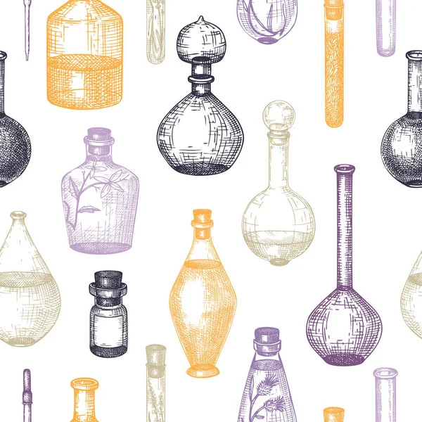 用于香水和化妆品制造的手工素描玻璃器皿系列 化学和炼金术玻璃器皿插图集 香水瓶 瓶中的图画 雕刻风格 古董画 — 图库矢量图片