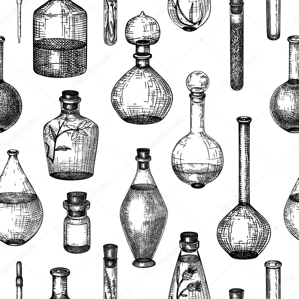 Hand-sketched glass equipment collection for perfumery and cosmetics making. Chemicals and alchemy glassware illustration set. Perfume bottles, jars, flasks drawings in engraved style. Vintage drawing