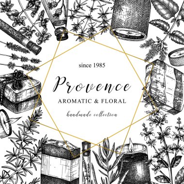Provence otları klasik tarzda dizayn edilir. El yapımı aromatik ve tıbbi bitki tasarımı. Kozmetik, parfüm, sabun, mum yapımı, etiket, ambalaj için mükemmel. Retro kartları veya davet tapınağı.