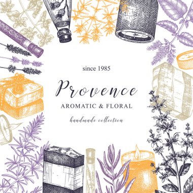 Provence bitkilerinin çerçevesi renklidir. El yapımı aromatik ve tıbbi bitki tasarımı. Kozmetik, parfüm, sabun, mum yapımı, etiket, ambalaj için mükemmel. Yaz kartı veya davet şablonu