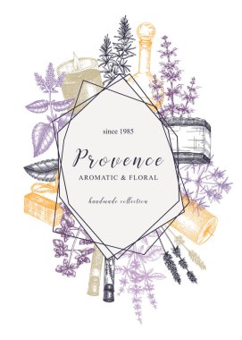 El yapımı aromatik, tıbbi bitkiler ve geometrik dekoru olan yaratıcı Provence tasarımı. Kozmetik, parfüm, sabun, mum yapımı, etiket, ambalaj, davetiyeler veya tebrik kartları için mükemmel.