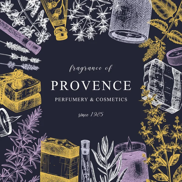Provence Kruiden Aromatische Ingrediënten Frame Handgeschetste Aromatische Medicinale Planten Ontwerp — Stockvector