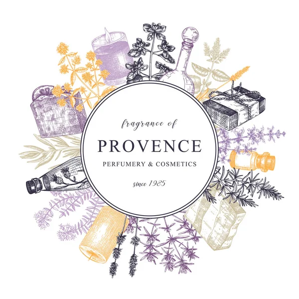Herbal Tradisional Perancis Karangan Bunga Templat Desain Provence Dalam Warna - Stok Vektor