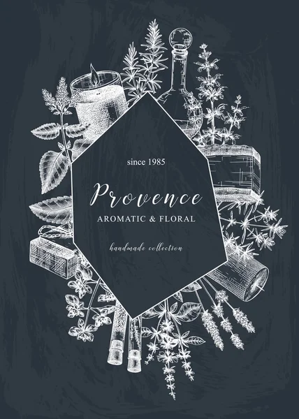 Projeto Criativo Provence Com Plantas Aromáticas Medicinais Desenhadas Mão Quadro —  Vetores de Stock
