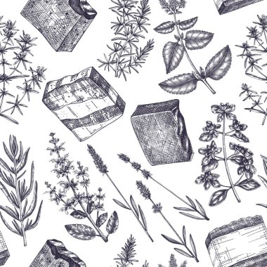 El yapımı sabun içeriği kusursuz desen. El yapımı aromatik ve şifalı bitkiler. Kozmetik, parfüm, sabun, mum yapımı, etiket, ambalaj için mükemmel. Sabun yapmak arka plan.