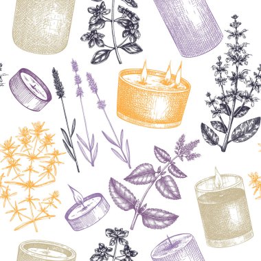 El yapımı dikişsiz mumlar. El yapımı aromatik ve şifalı bitkiler. Kozmetik, parfüm, mum yapımı, etiket, ambalaj için mükemmel. Sabun yapmak arka plan.