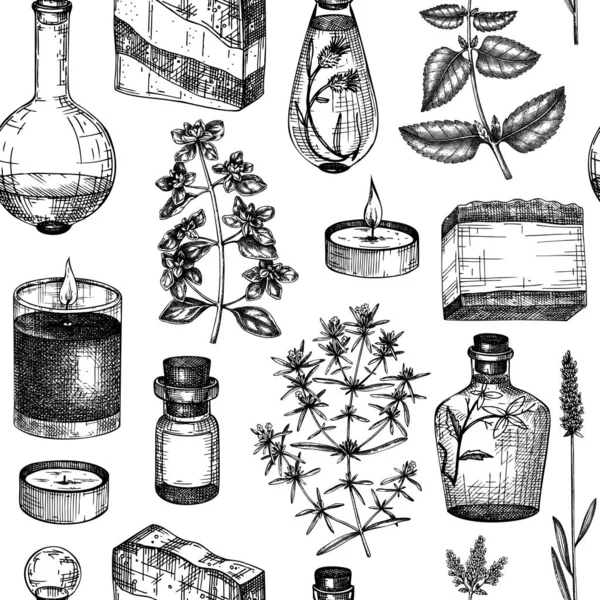 Provence Zökkenőmentes Minta Kézzel Rajzolt Aromás Gyógynövények Háttere Tökéletes Kozmetikumok — Stock Vector