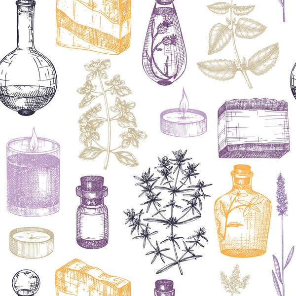 Provence seamless pattern. Hand-sketched aromatic and medicinal plants background. Perfect for cosmetics, perfumery, soap, candle making, label, packaging. Provence herbs backdrop.