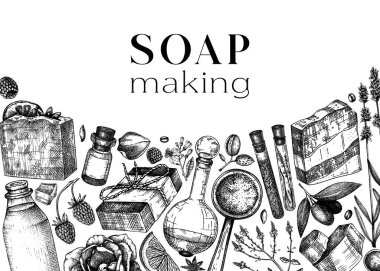 El yapımı sabun tasarımı. Kozmetik, parfüm ve sabun için doğal malzemeler ve aromatik malzemeler. Markalaşma, ambalaj, kimlik, web afişleri için harika. Sabun arkaplanı 