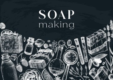 Tahtaya elle çizilmiş sabun tasarımı. Kozmetik, parfüm ve sabun için doğal malzemeler ve aromatik malzemeler. Markalaşma, ambalaj, kimlik, web afişleri için harika. Sabun arkaplanı 