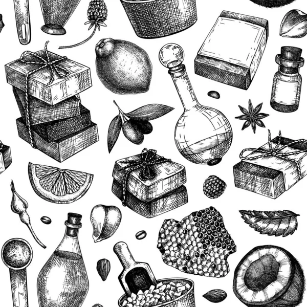 Disegno Sapone Disegnato Mano Ingredienti Naturali Materiali Aromatici Cosmetici Profumeria — Vettoriale Stock