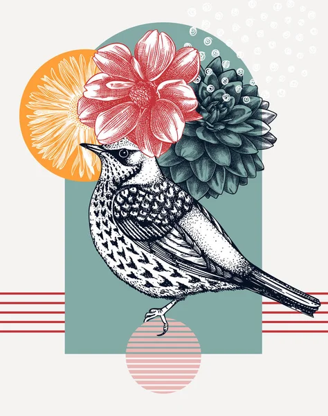 Ilustración Vectorial Fieldfare Dibujada Mano Pájaro Encaramado Con Flores Otoño — Archivo Imágenes Vectoriales