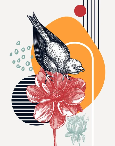 Handskizzierte Vektorillustration Für Grünfinken Sitzender Vogel Auf Dahlienblüte Illustration Collagenstil — Stockvektor