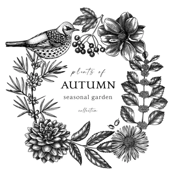 手绘的秋天花环 老式风格 精美的植物模板 有秋天的叶子 花朵和野菜草图 完美的请柬 — 图库矢量图片