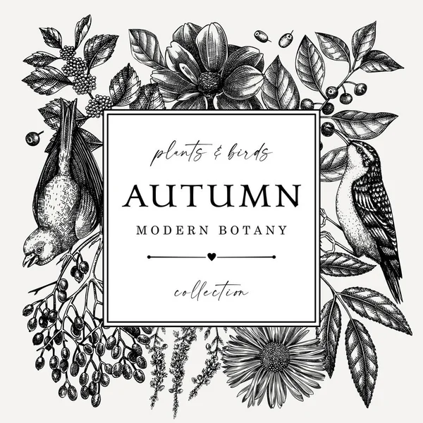 Hand Sketched Autumn Retro Design Birds Elegant Botanical Square Template — Stock Vector