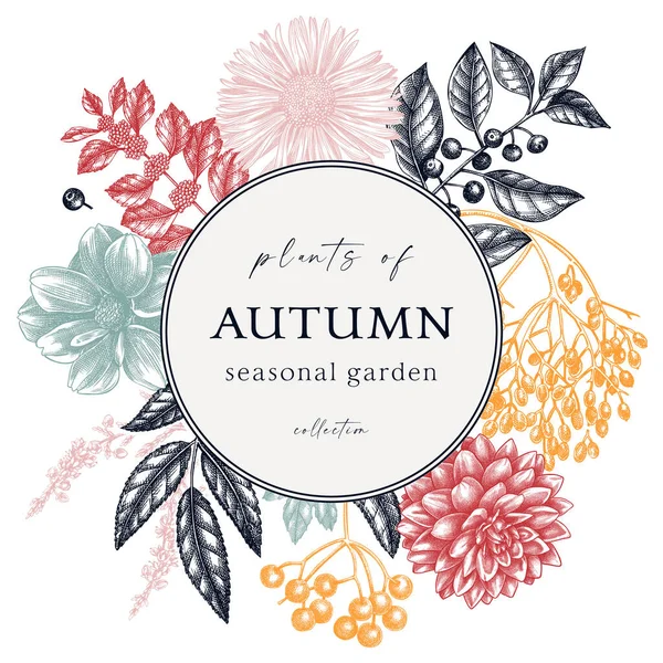 手工勾画出秋天花环图案的色彩 精美的植物模板 有秋天的叶子 花朵和鸟类草图 完美的请柬 — 图库矢量图片