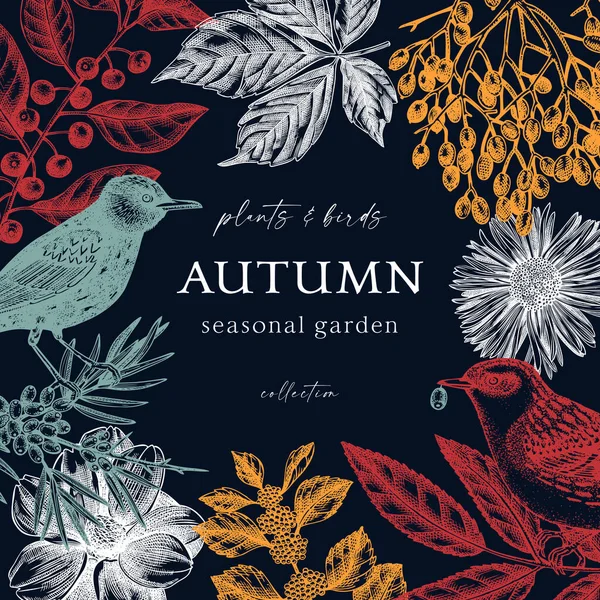 时尚色彩的秋季花环设计 深蓝色背景的野鸟 精美的植物模板 秋天的叶子 花朵和鸟类草图 完美的邀请函或卡片 — 图库矢量图片