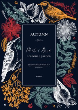 Vahşi kuşlarla sonbahar kartı tasarımı. Sonbahar yaprakları, böğürtlenler, çiçekler ve kuş çizimleri içeren zarif bir botanik şablonu. Düğün davetiyesi, kartlar, el ilanları, web ve sosyal medya için mükemmel