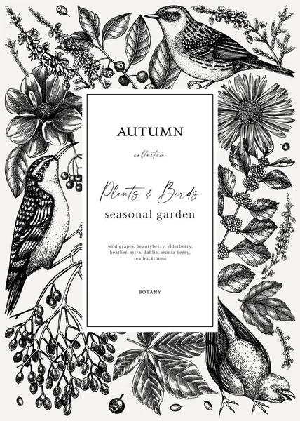 Vintage Autumn Design Hand Sketched Wild Birds Elegant Botanical Template — Stock Vector