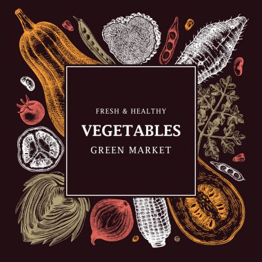 Festivalin taşıyıcı çerçeve tasarımını renklendirin. Sebzeler, otlar, mantarlar elle çizilmiş elementler. Sağlıklı besin malzemeleri yemek tarifleri, web afişleri, menü, reklamlar için afiş şablonu.