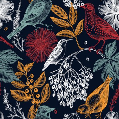 Renkli sonbahar arka planı. Kuşlar kusursuz desenli. Sonbahar yaprakları, böğürtlenler, çiçekler ve kuş çizimleriyle şık bir botanik zemin. Paketleme, ambalaj kağıdı ve tekstil için mükemmel.