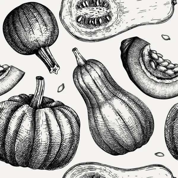 手绘南瓜的无缝图案 感恩节设计图解 秋收背景与病媒蔬菜 南瓜片和种子草图 — 图库矢量图片