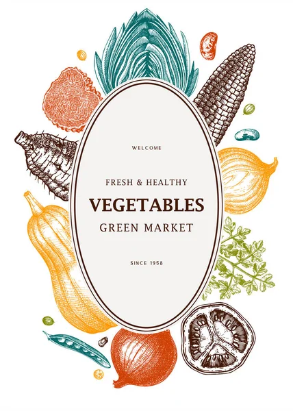 Harvest festival vector frame design in color. Vegetables, herbs, mushrooms backdrop with hand-sketched elements. Healthy food ingredients banner template for recipes, web banners, menu, ads. — Stock Illustration Harvest Festival Vector Frame Design Color Vegetables Herbs Mushrooms Backdrop Vector Graphics
