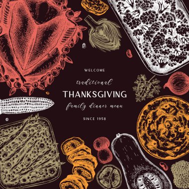 Şükran Günü menüsünün renkleri. Kızarmış hindi, sebze, rulo et, kek ve pasta eskizleriyle. Klasik sonbahar yemekleri. Vektör Şükran Günü geçmişi.