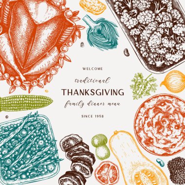 Şükran Günü menüsünün renkleri. Kızarmış hindi, sebze, rulo et, kek ve pasta eskizleriyle. Klasik sonbahar yemekleri. Vektör Şükran Günü geçmişi.