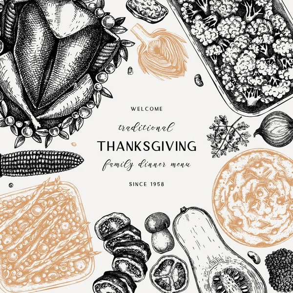 Σχέδιο Μενού Ημέρας Ευχαριστιών Χρώμα Ψητή Γαλοπούλα Λαχανικά Τυλιχτό Κρέας — Διανυσματικό Αρχείο