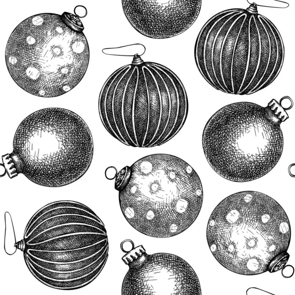 クリスマスボールシームレスパターン 手はクリスマスツリーの装飾を背景にスケッチした グリーティングカード 招待状 チラシ バナー パッケージに最適です 装飾ガラス玉の背景 — ストックベクタ