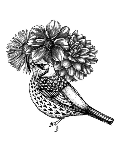 Pájaro Dibujado Mano Con Ilustración Flores Otoño Diseño Otoño Con — Archivo Imágenes Vectoriales