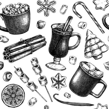 El yapımı kış tatlısı ve sıcak içecek arka planı. Sıcak şarap, sıcak çikolata, şeker ve kurabiye arkaplanı. Elle çizilmiş kış yemekleri ve içecekleri pürüzsüz.