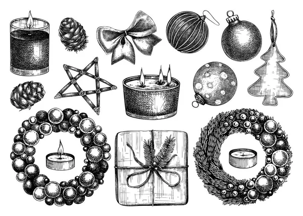 Colección Elementos Decorativos Navideños Decoraciones Del Árbol Navidad Dibujadas Mano — Archivo Imágenes Vectoriales